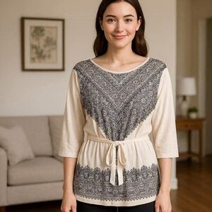 Cream & Black Boho Top 3/4 Sleeves Tie Belted Waist by 5th & Love size L